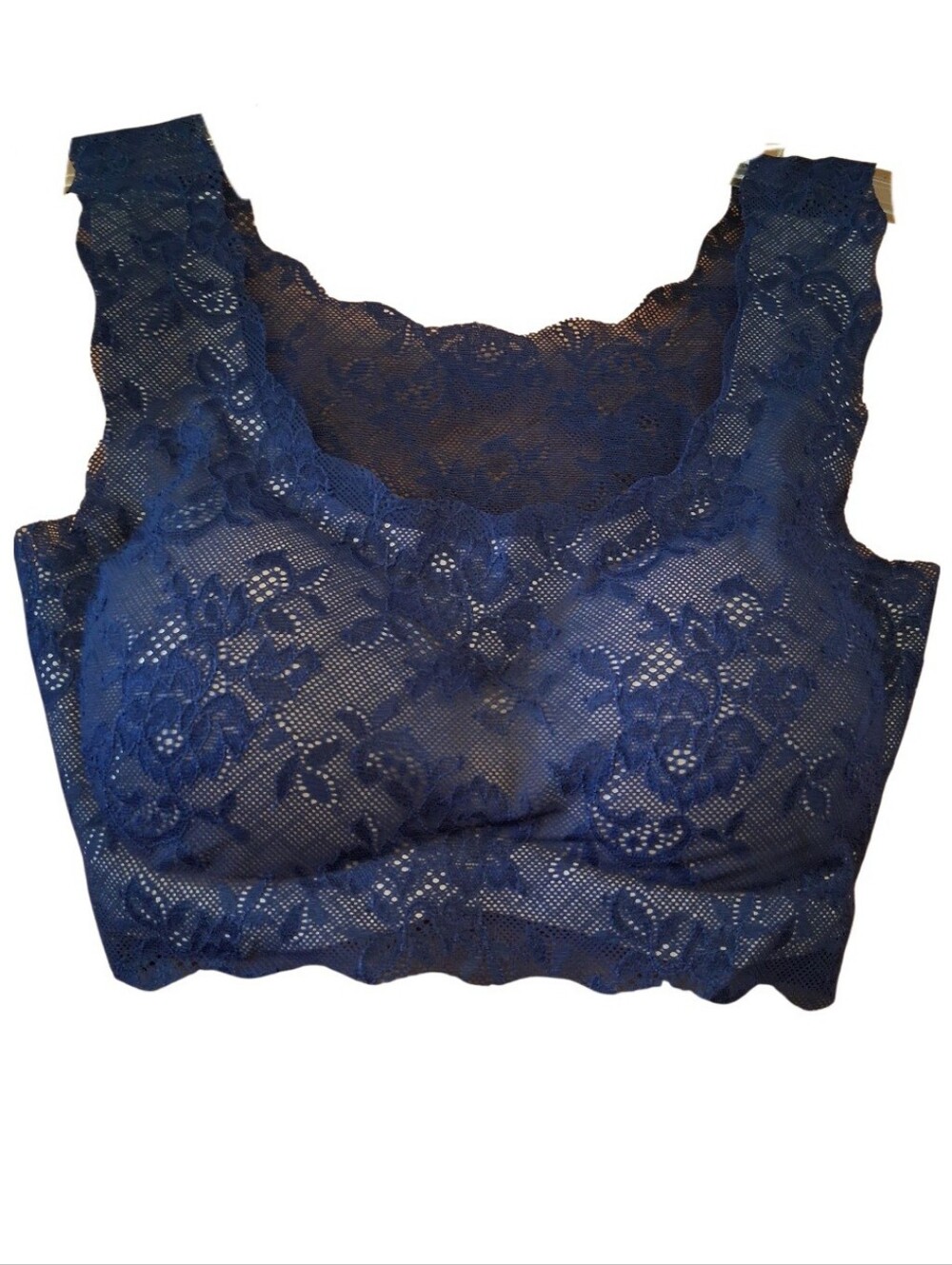 Blue All-Over Floral Lace Wirefree Bralette – Seamless Contour Support, Size S